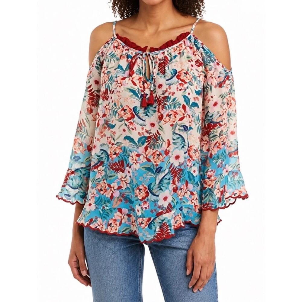 Johnny Was XXL Boho Floral Blouse Cold Shoulder Scalloped Edges Tassels